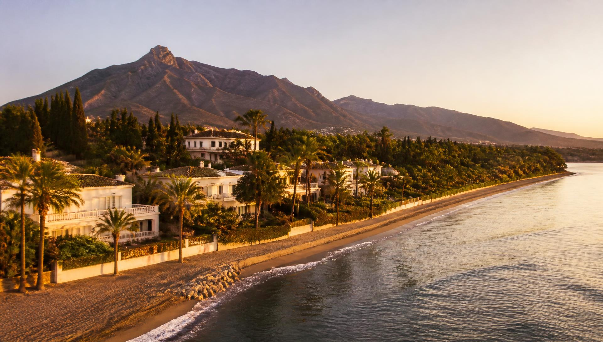 Aerial view of the Marbella coastline at golden hour